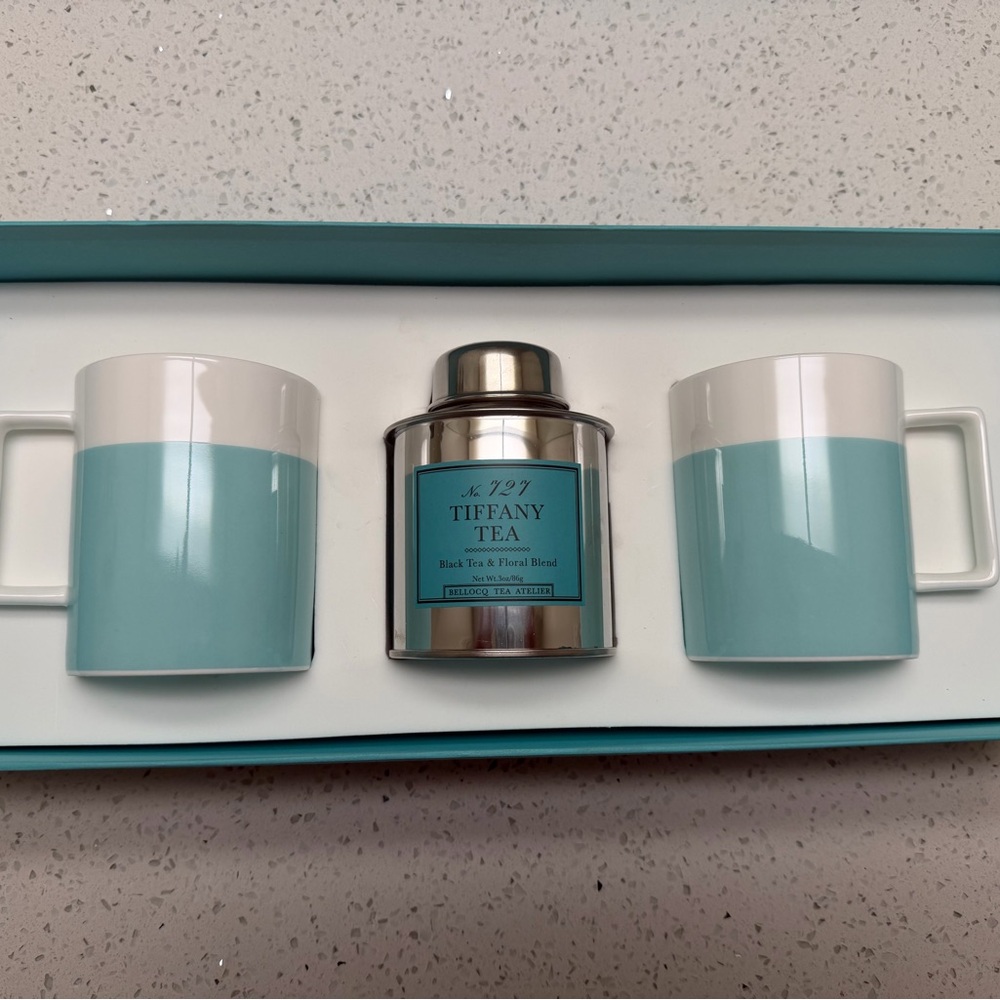 Tiffany & Co. Aqua and White Tea Set with Silver Canister